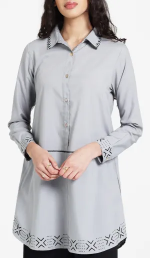 Sahara Embroidered Cotton feel Modest Button-down Tunic - Pearl - PREORDER (ships in 2 weeks)