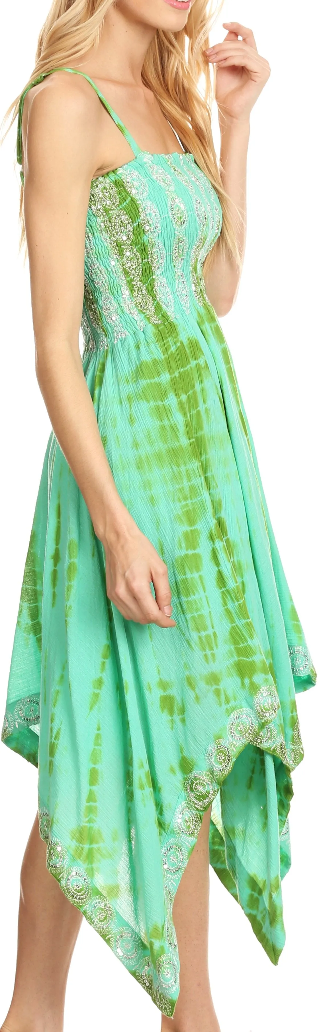 Sakkas Endea Tie Dye Smocked Bodice Hi-Low Handkerchief Hem Dress