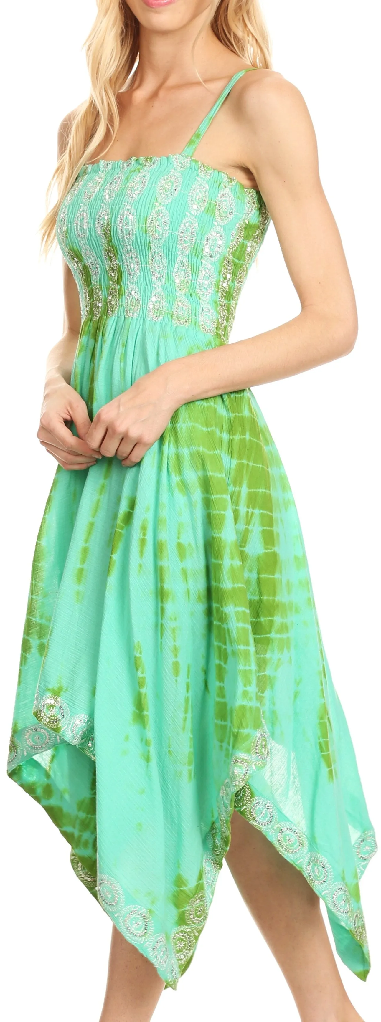 Sakkas Endea Tie Dye Smocked Bodice Hi-Low Handkerchief Hem Dress