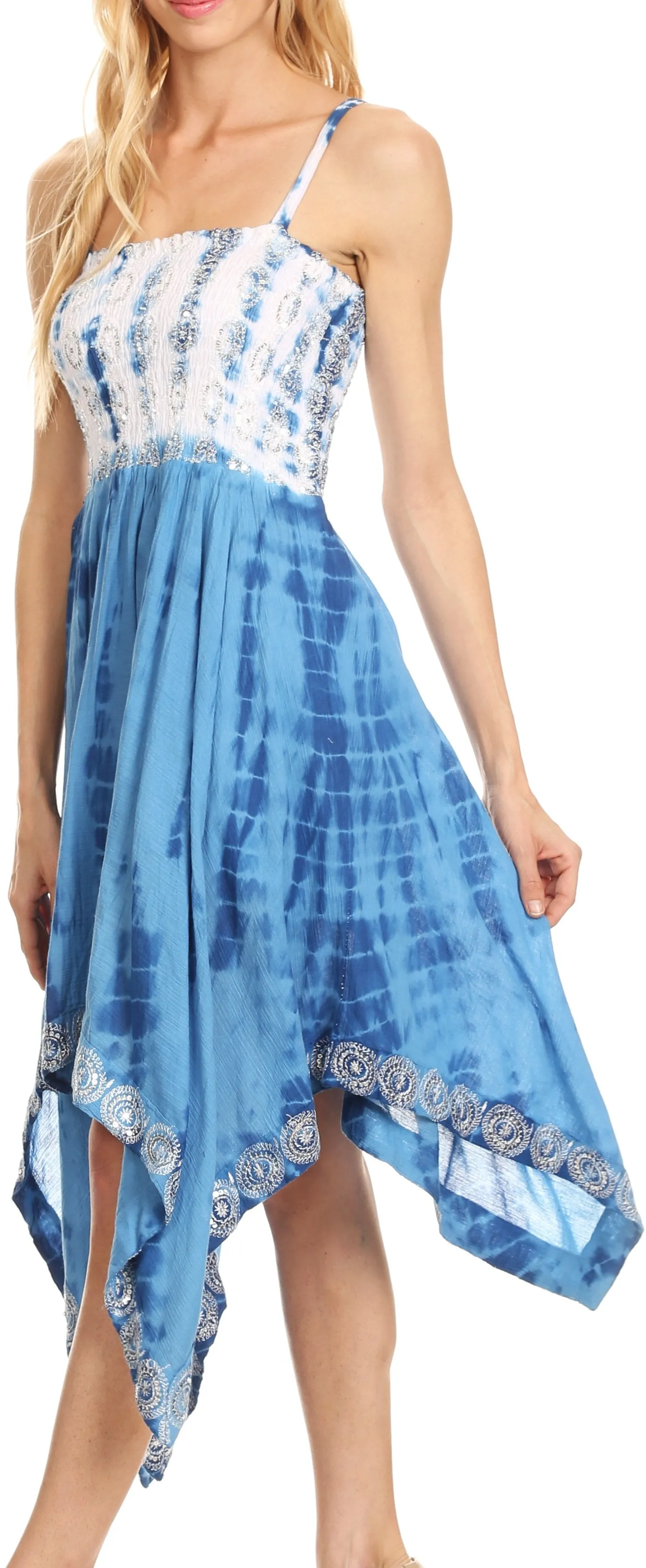 Sakkas Endea Tie Dye Smocked Bodice Hi-Low Handkerchief Hem Dress