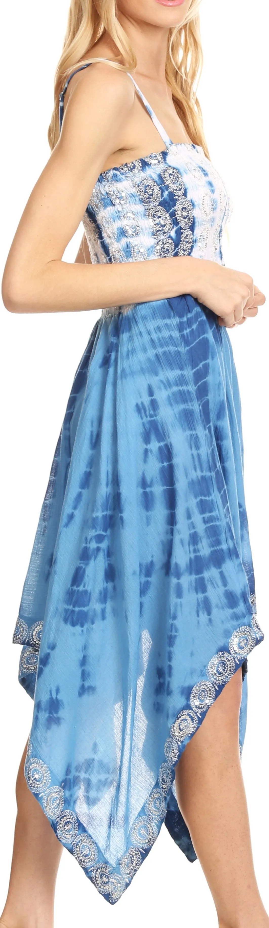 Sakkas Endea Tie Dye Smocked Bodice Hi-Low Handkerchief Hem Dress