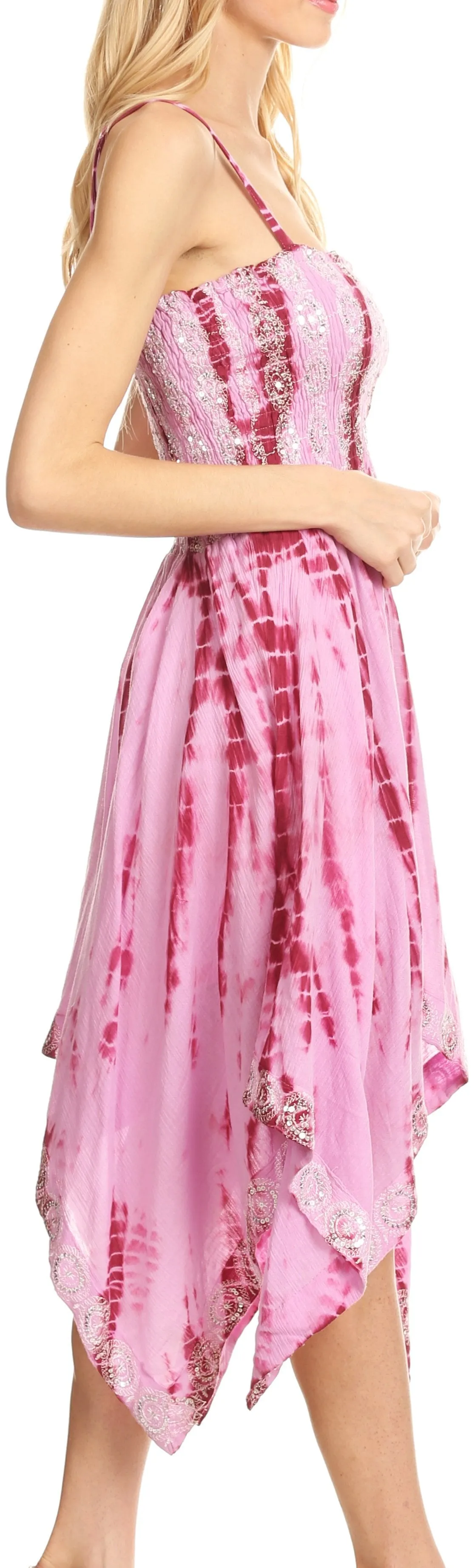 Sakkas Endea Tie Dye Smocked Bodice Hi-Low Handkerchief Hem Dress