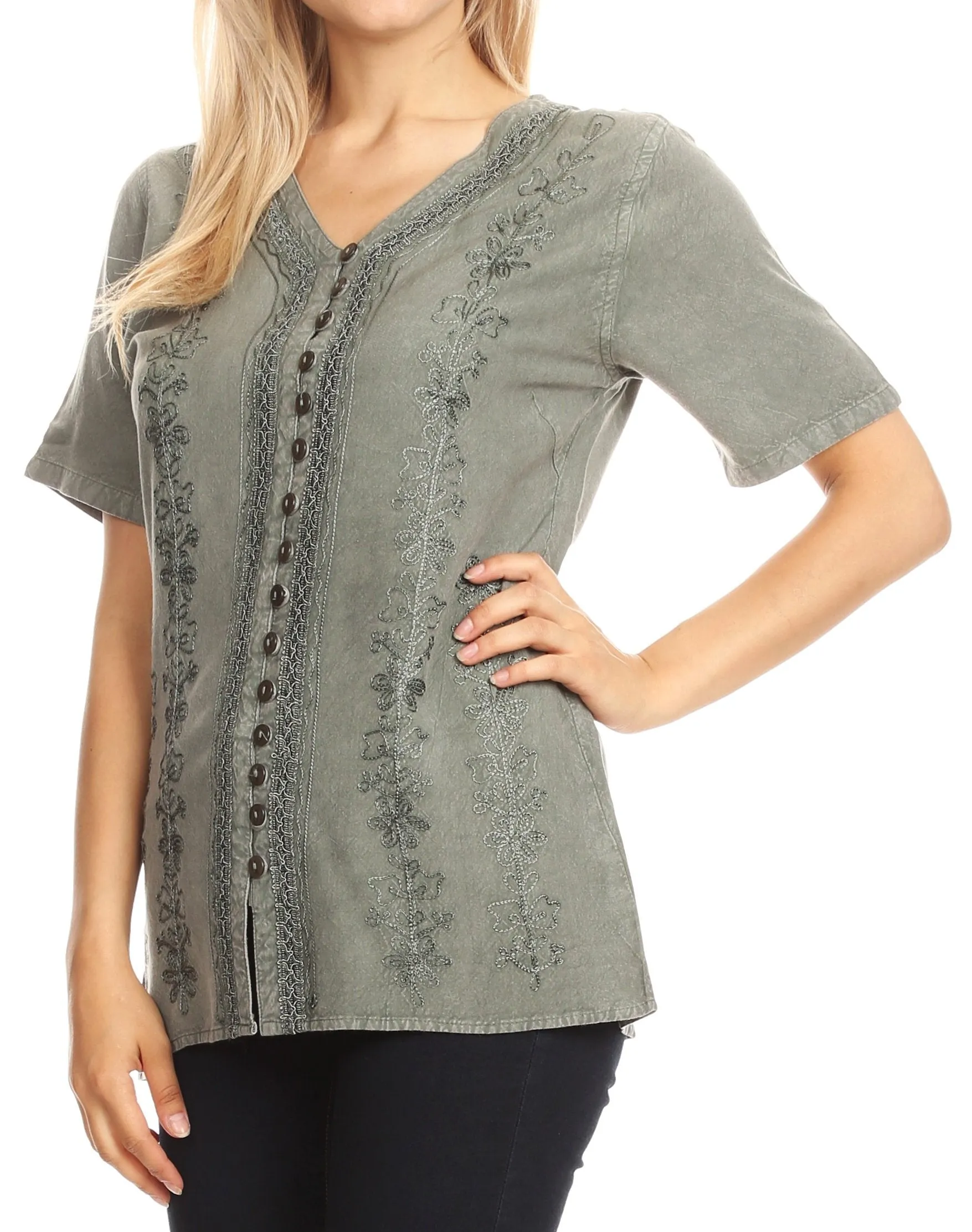 Sakkas Estella Womens Short Sleeve V neck Button Down Top Blouse with Embroidery