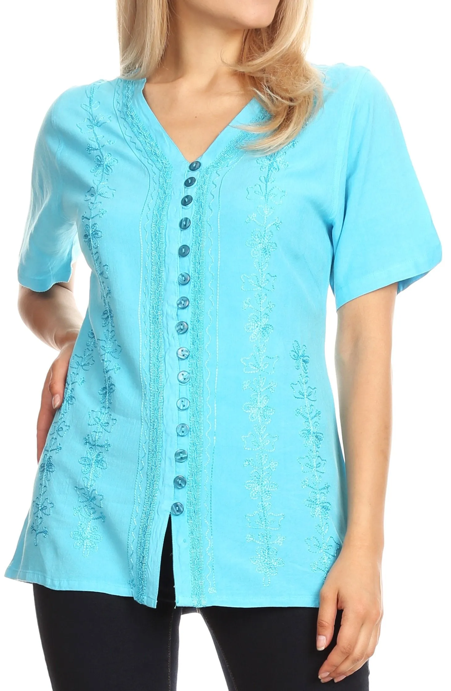 Sakkas Estella Womens Short Sleeve V neck Button Down Top Blouse with Embroidery