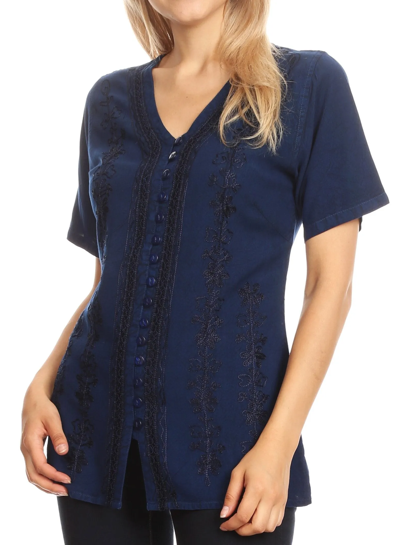 Sakkas Estella Womens Short Sleeve V neck Button Down Top Blouse with Embroidery