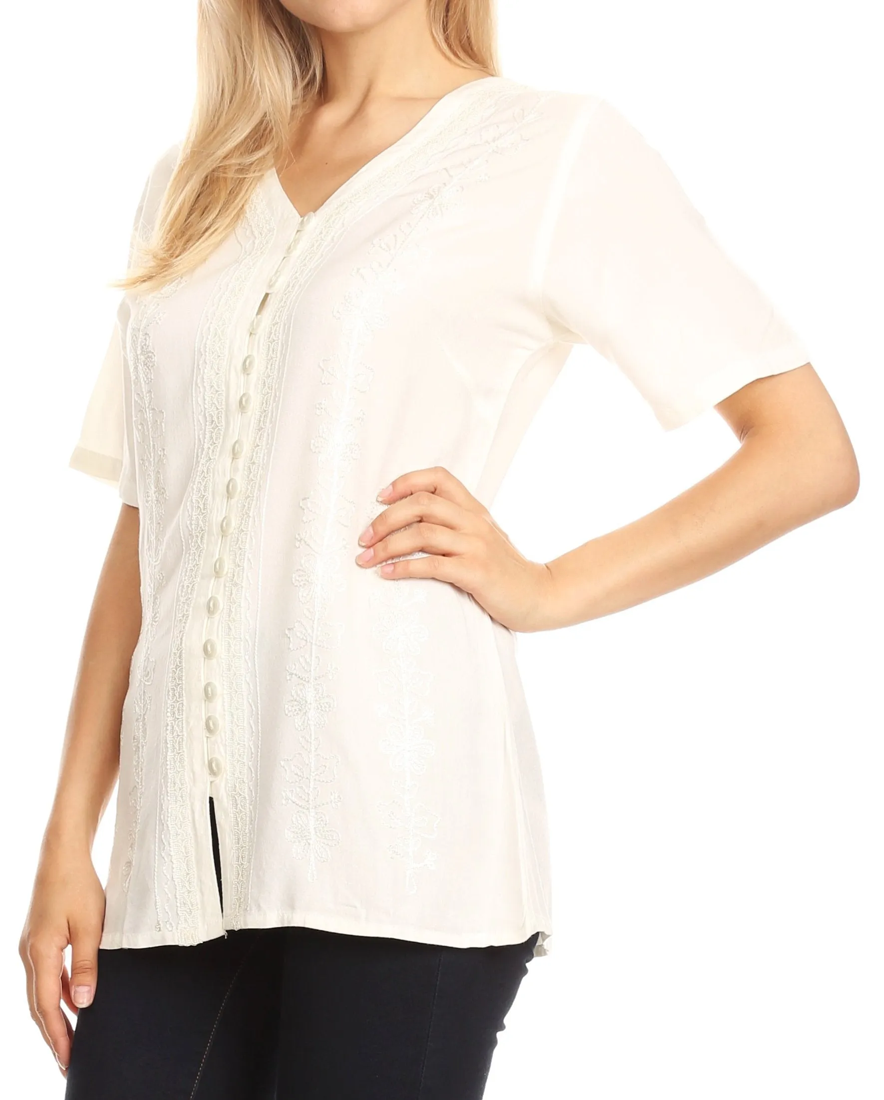 Sakkas Estella Womens Short Sleeve V neck Button Down Top Blouse with Embroidery