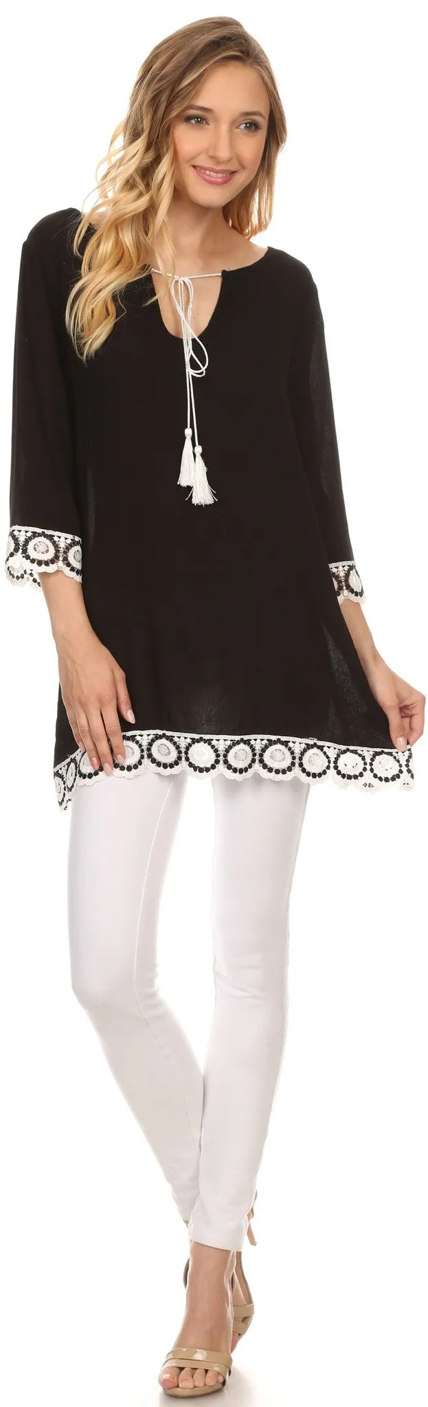 Sakkas Lungora Long Lace Crochet Embroidered Tassel Batik Tunic Blouse Shirt Top