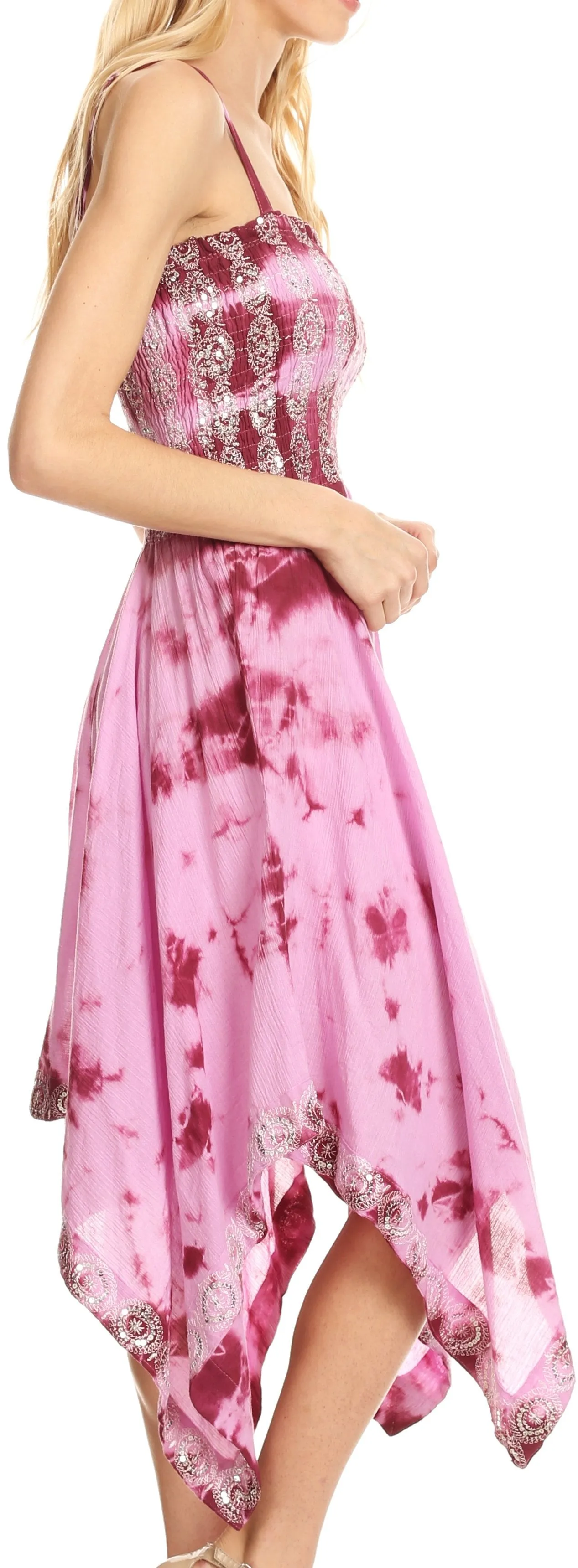 Sakkas Naira Tie Dye Smocked Bodice Hi-Low Handkerchief Hem Dress