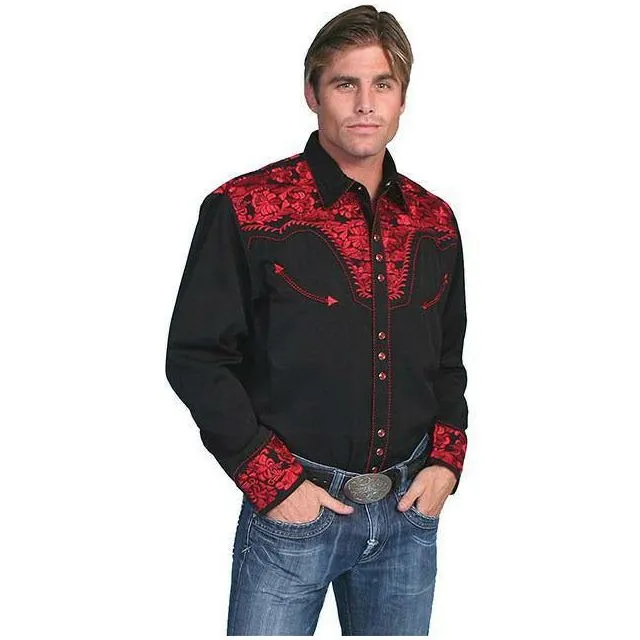 Scully Floral Embroidered Crimson Long Sleeve Shirt-Black/Red