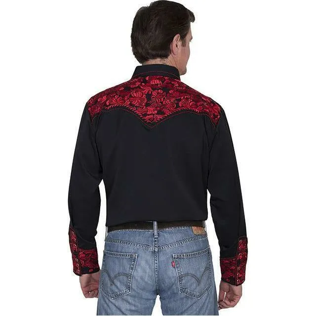 Scully Floral Embroidered Crimson Long Sleeve Shirt-Black/Red