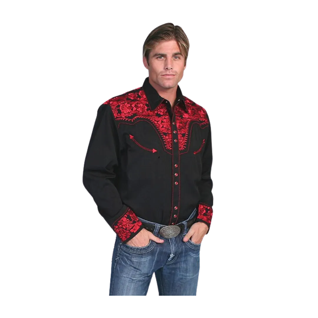 Scully Leathers Men's Embroidered Crimson Black Shirt