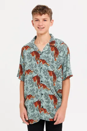 Senior Boys Teal Tiger Print Oversize Casual Shirt