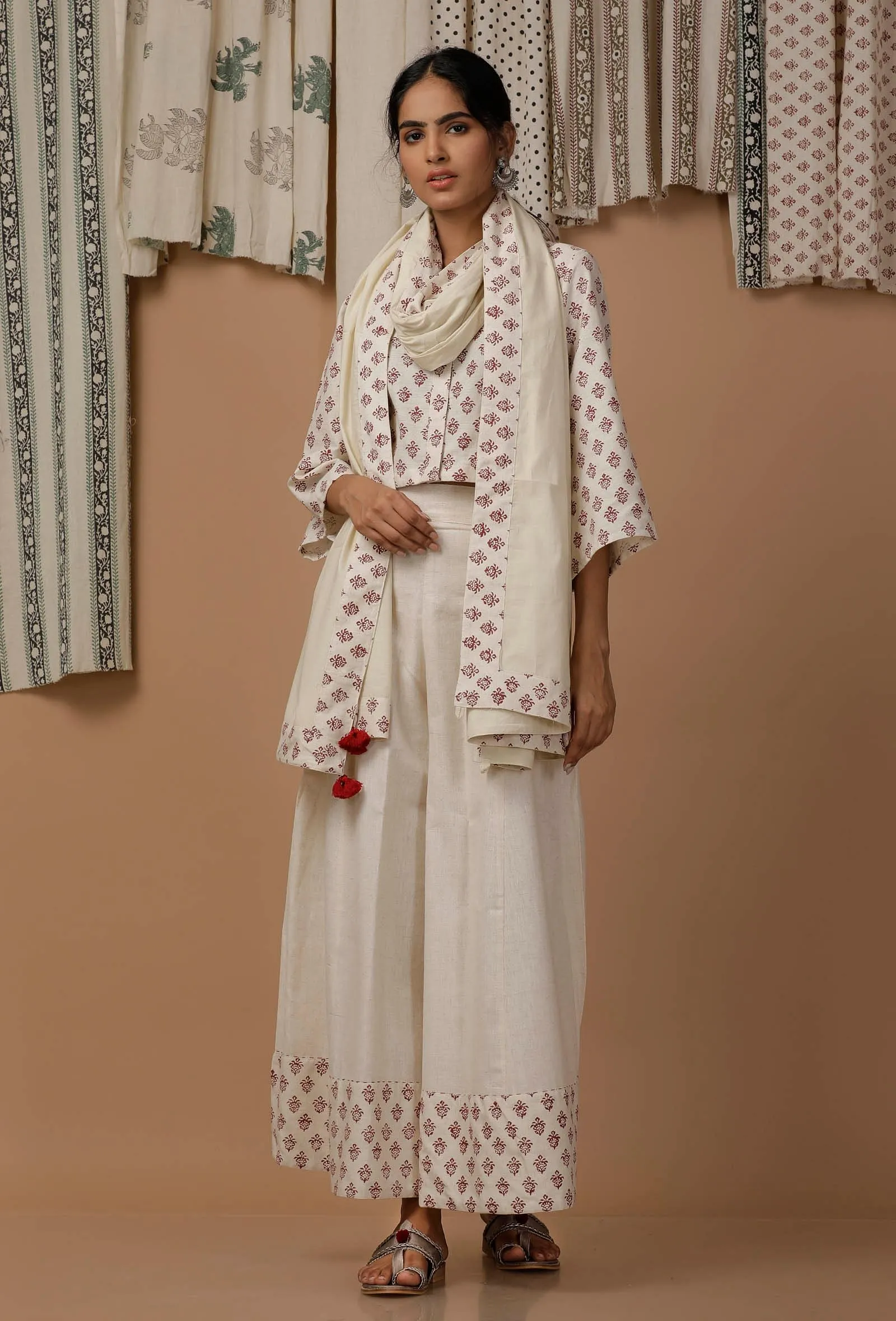 Set of 3 : Off White Hand Block Printed Cotton Top, Sari Drape and Culottes