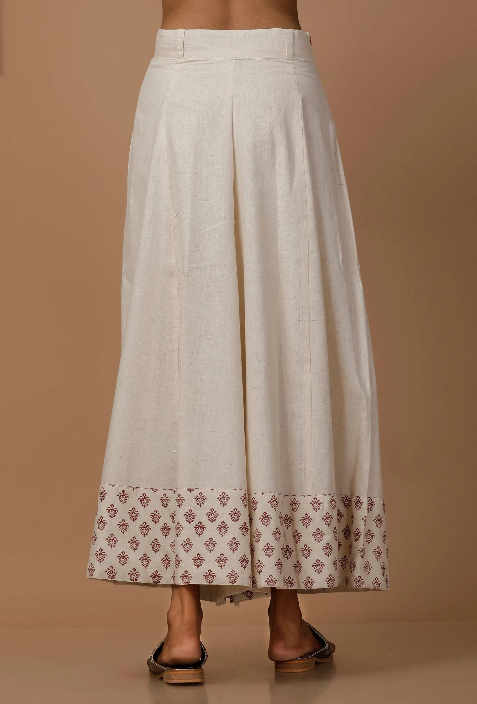 Set of 3 : Off White Hand Block Printed Cotton Top, Sari Drape and Culottes