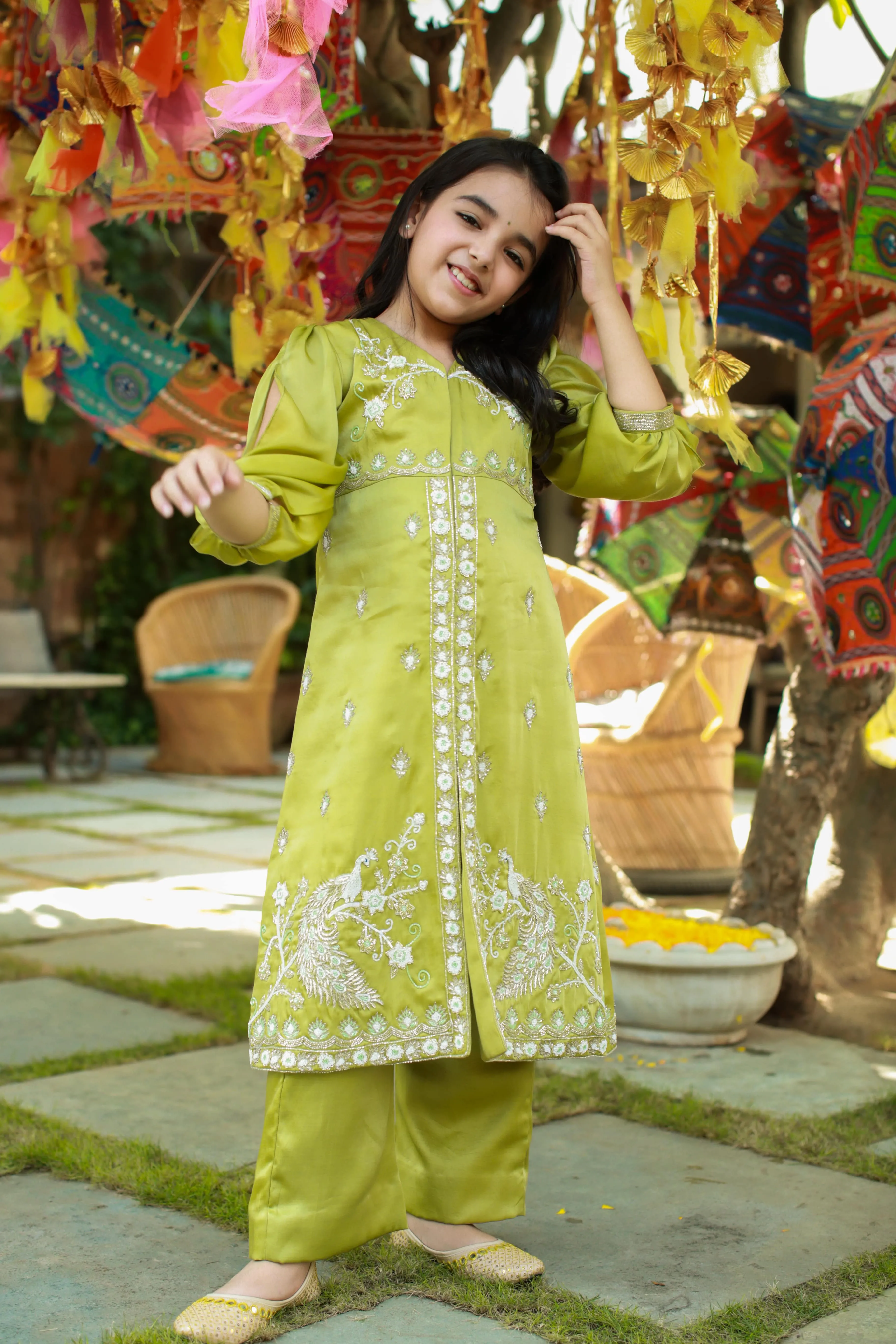 Shaadmaani- Olive Sage-Green Embroidered Jacket With Trousers Set For Girls