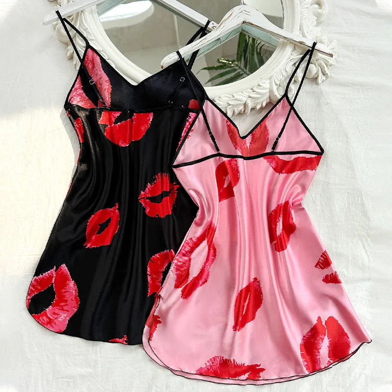 Short Dress Home Breathable Pajamas Nightdress Women Artificial Silk Sexy Red Lip Homewear