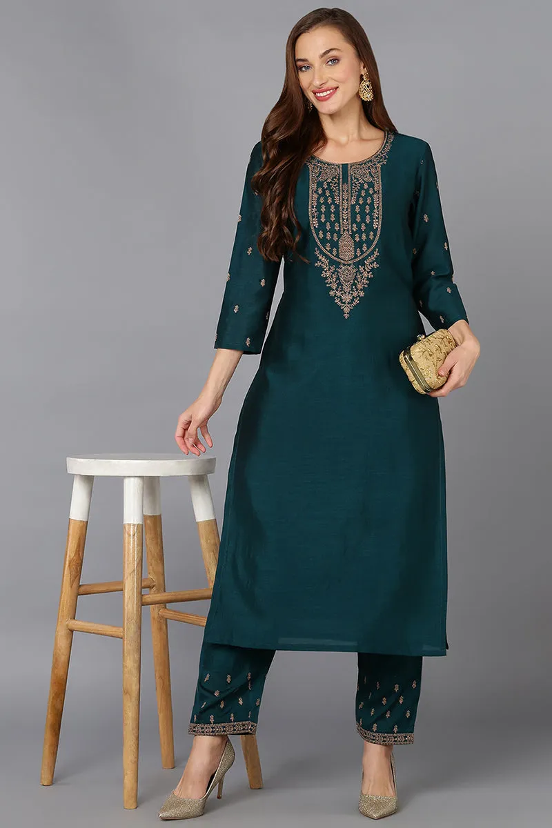 Silk Blend Bottle Green Embroidered Kurta With Pant