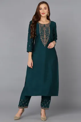 Silk Blend Bottle Green Embroidered Kurta With Pant