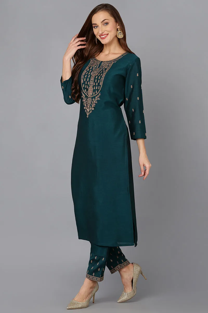 Silk Blend Bottle Green Embroidered Kurta With Pant