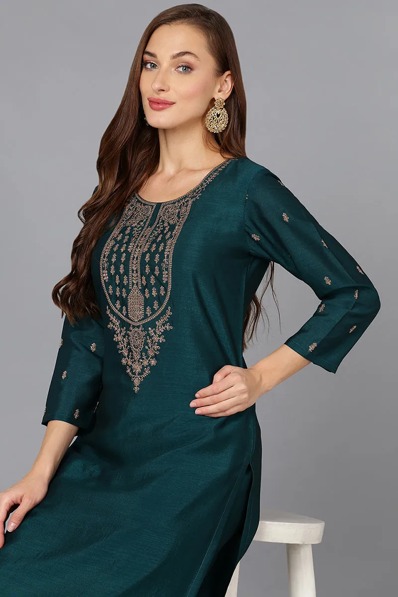 Silk Blend Bottle Green Embroidered Kurta With Pant