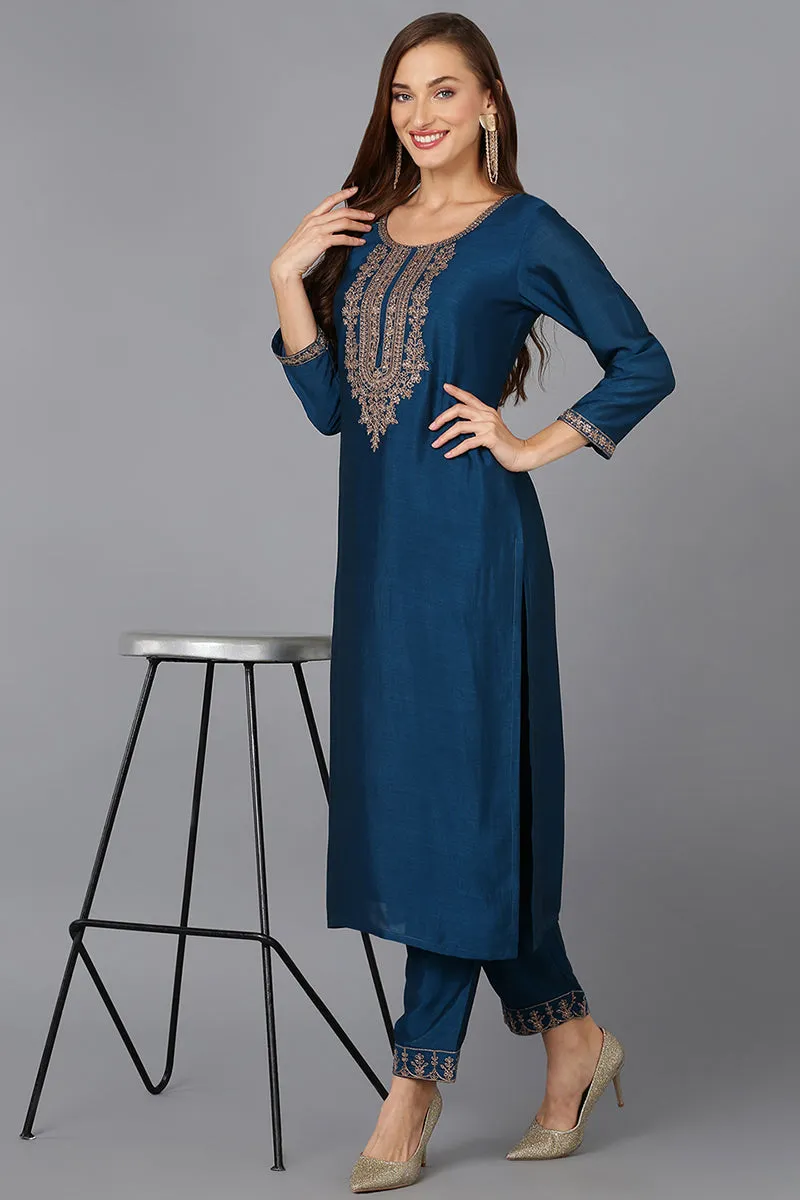 Silk Blend Firozi Embroidered Kurta With Pant