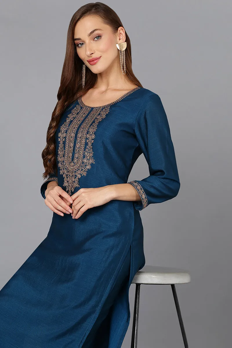 Silk Blend Firozi Embroidered Kurta With Pant