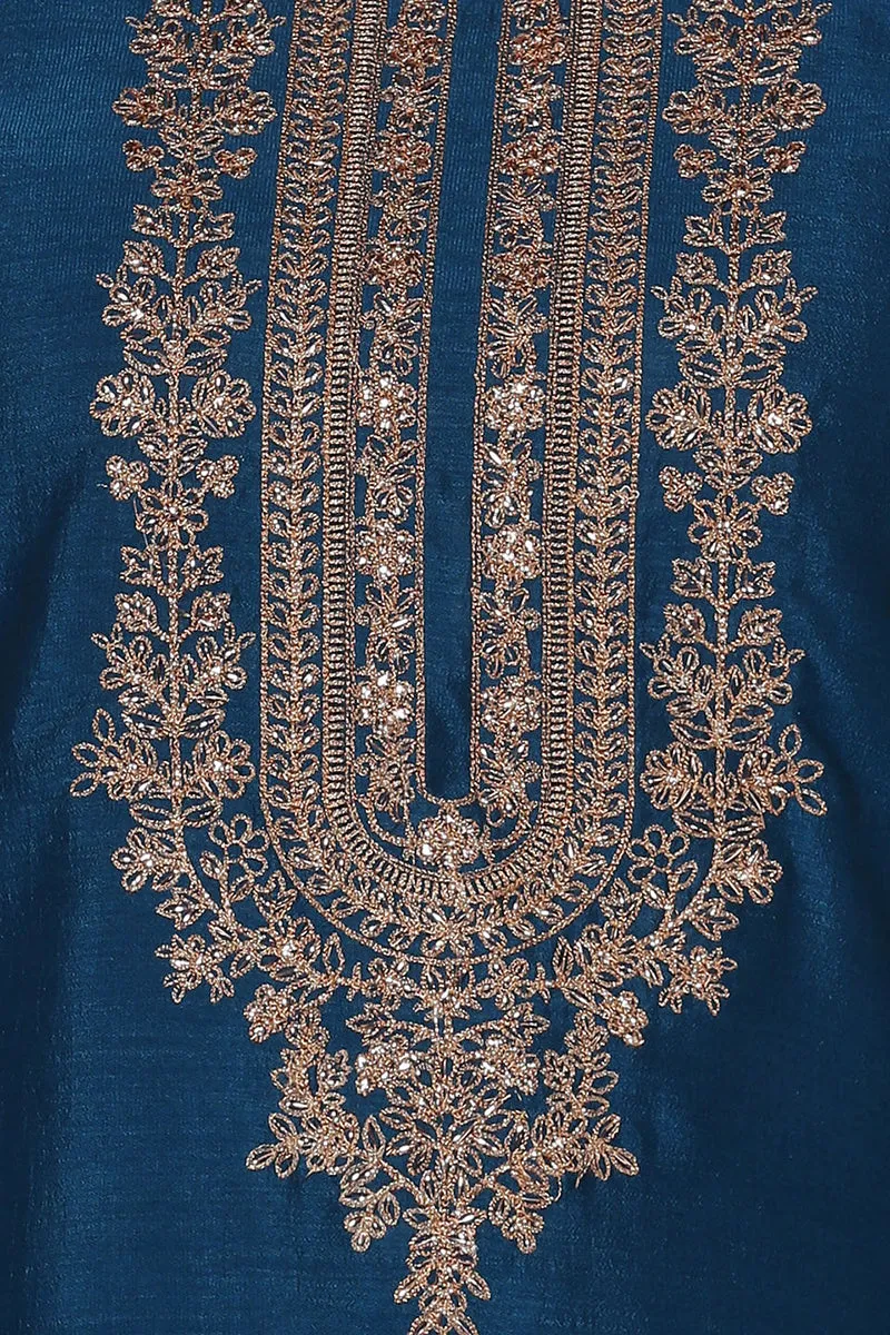 Silk Blend Firozi Embroidered Kurta With Pant