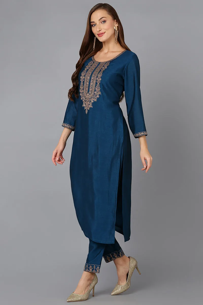 Silk Blend Firozi Embroidered Kurta With Pant