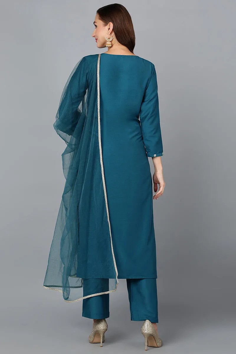 Silk Blend Teal Blue Festive wear Suit Set