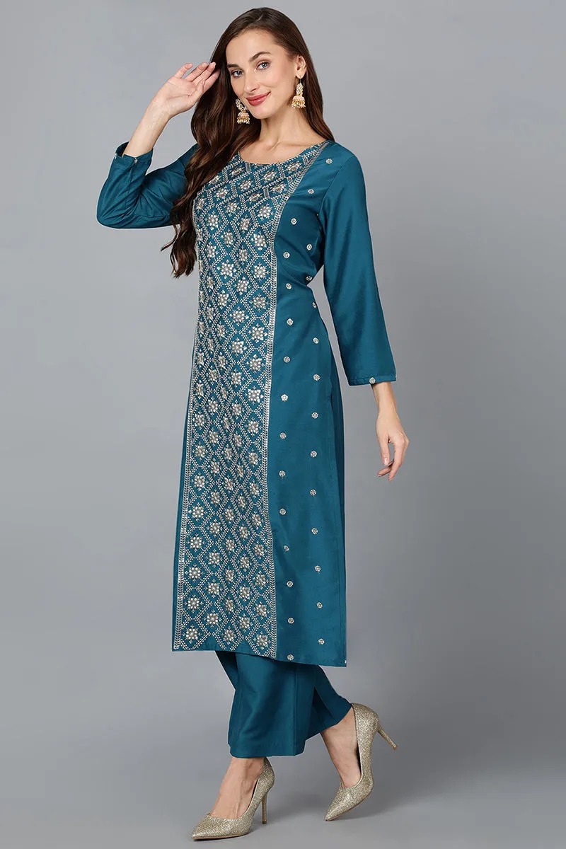 Silk Blend Teal Blue Festive wear Suit Set