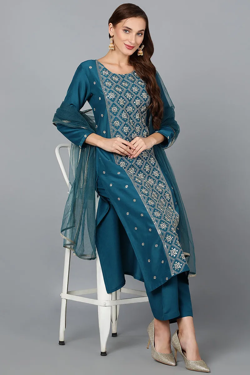 Silk Blend Teal Blue Festive wear Suit Set