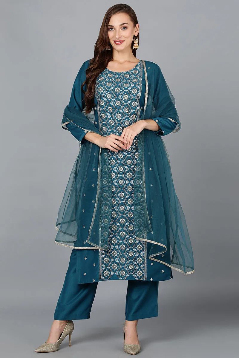 Silk Blend Teal Blue Festive wear Suit Set