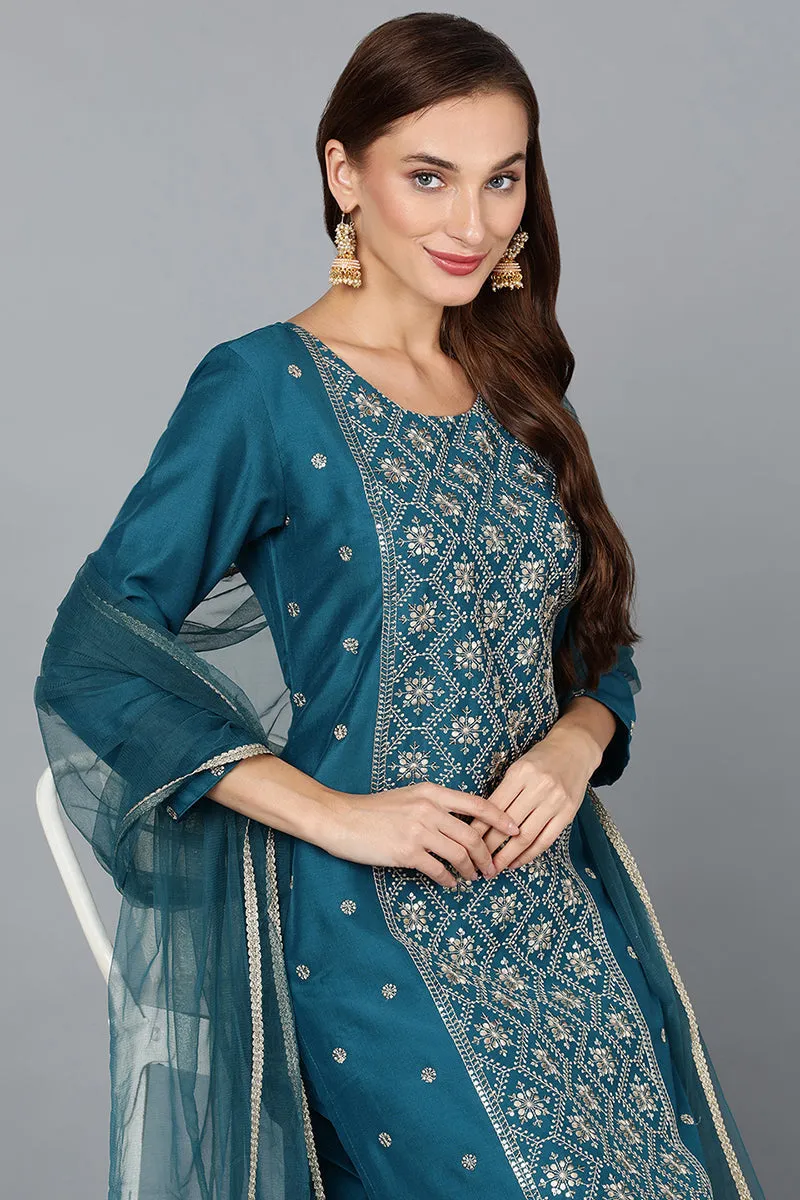 Silk Blend Teal Blue Festive wear Suit Set