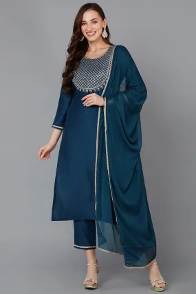 Silk Blend Teal Embroidered Straight Kurta Pant With Dupatta