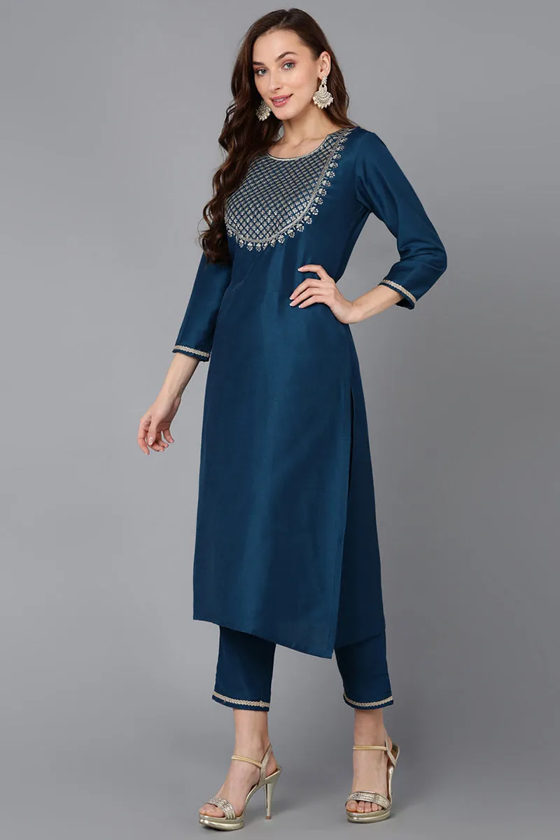 Silk Blend Teal Embroidered Straight Kurta Pant With Dupatta