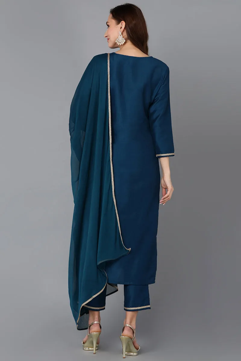 Silk Blend Teal Embroidered Straight Kurta Pant With Dupatta