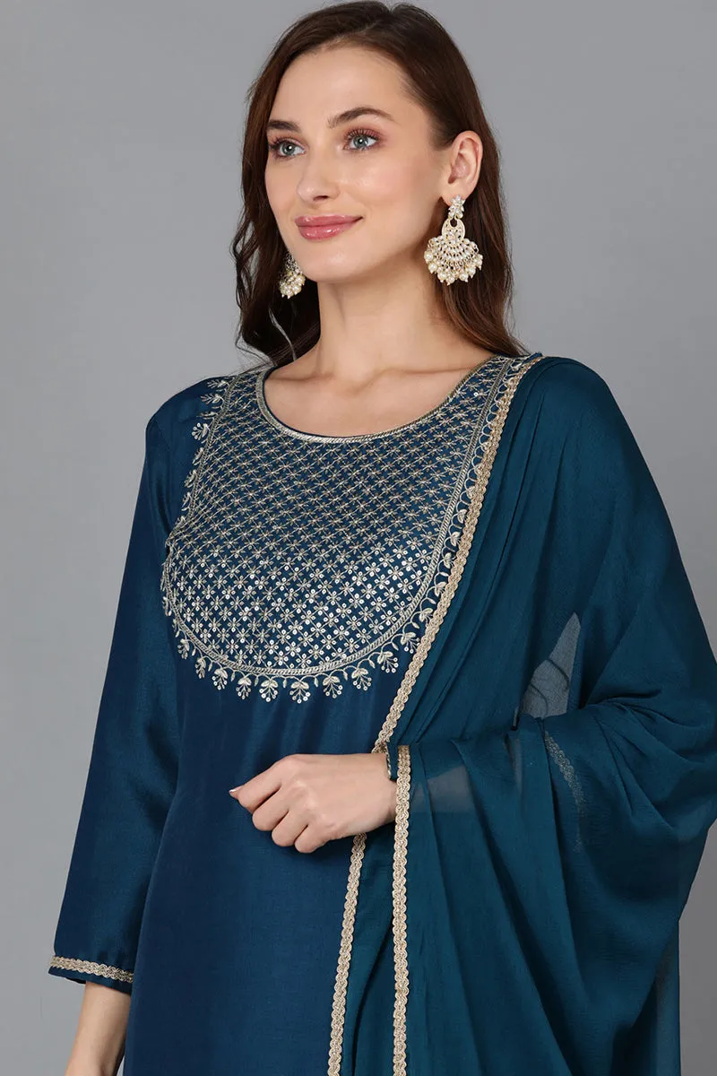 Silk Blend Teal Embroidered Straight Kurta Pant With Dupatta