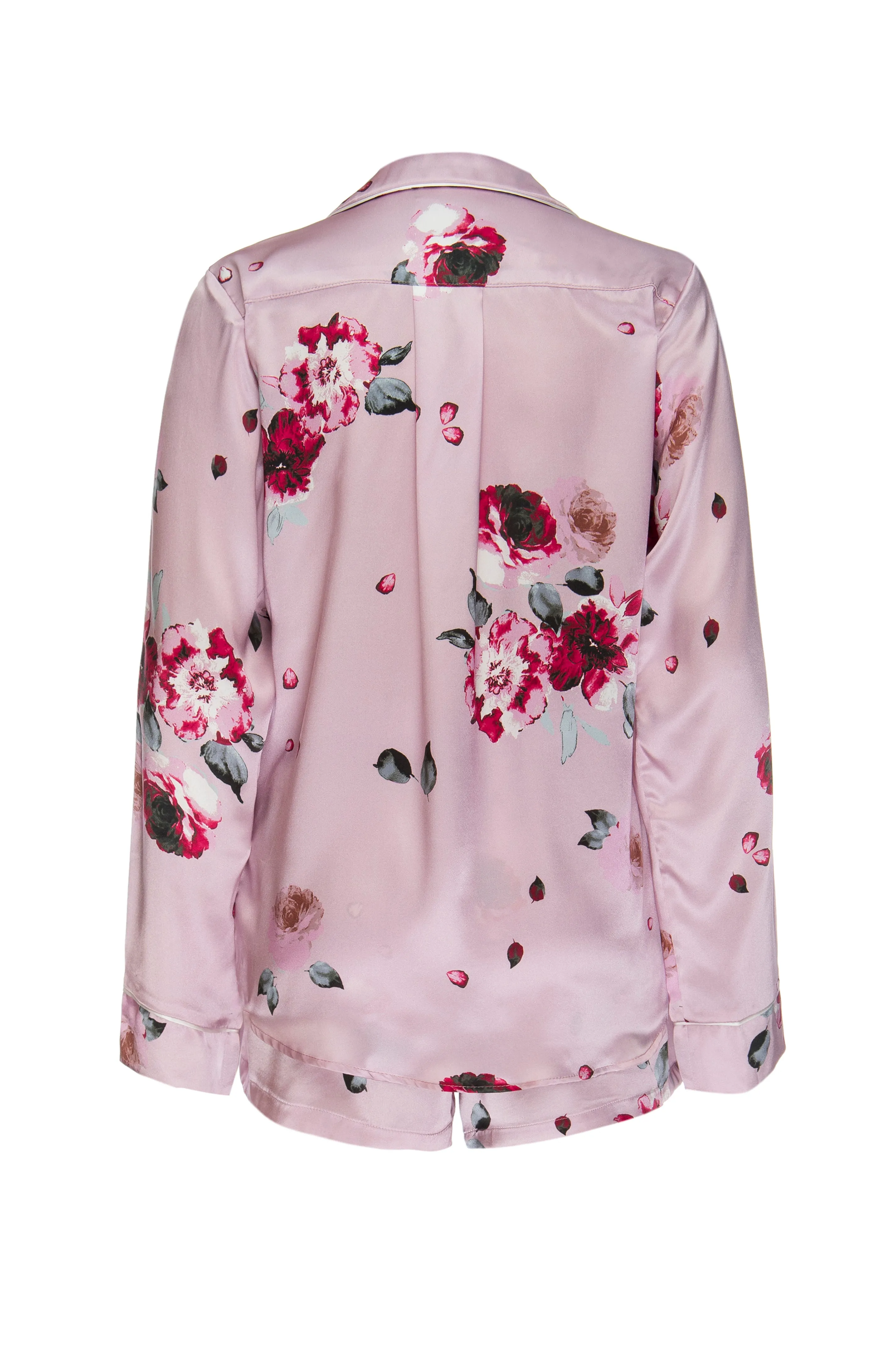 Silk Charmeuse Long Sleeved PJ Top: Blush and Crimson Floral Print