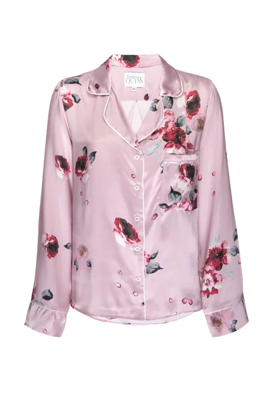 Silk Charmeuse Long Sleeved PJ Top: Blush and Crimson Floral Print