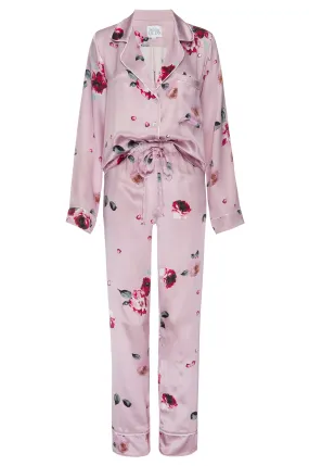 Silk Charmeuse Long Sleeved PJ Top   Pant Set: Blush and Crimson Rose Print