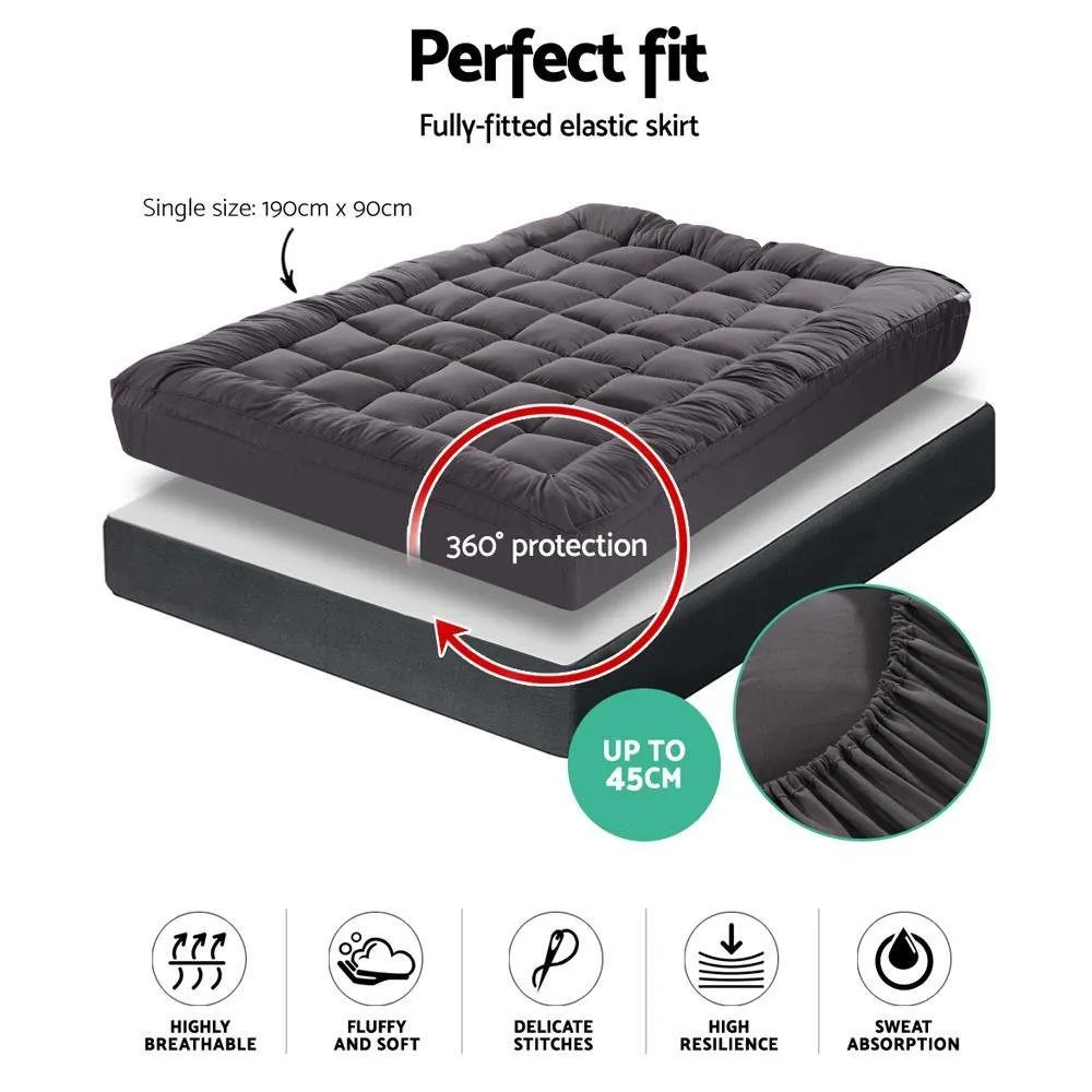 Single Mattress Topper Pillowtop 1000GSM Charcoal Microfibre Bamboo Fibre Filling Protector