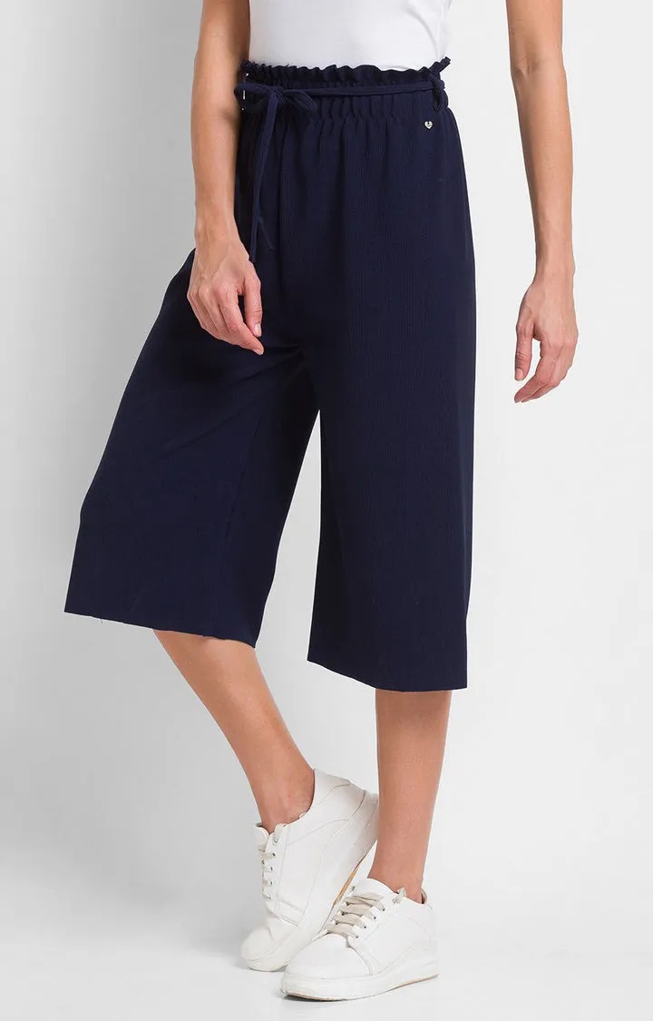 Spykar Navy Blue Cotton Loose Fit 3/4 Culottes For Women