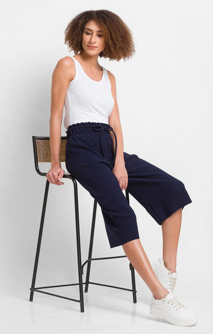 Spykar Navy Blue Cotton Loose Fit 3/4 Culottes For Women