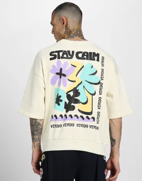 Stay Calm Beige Back Typographic Oversized Sweatshirt