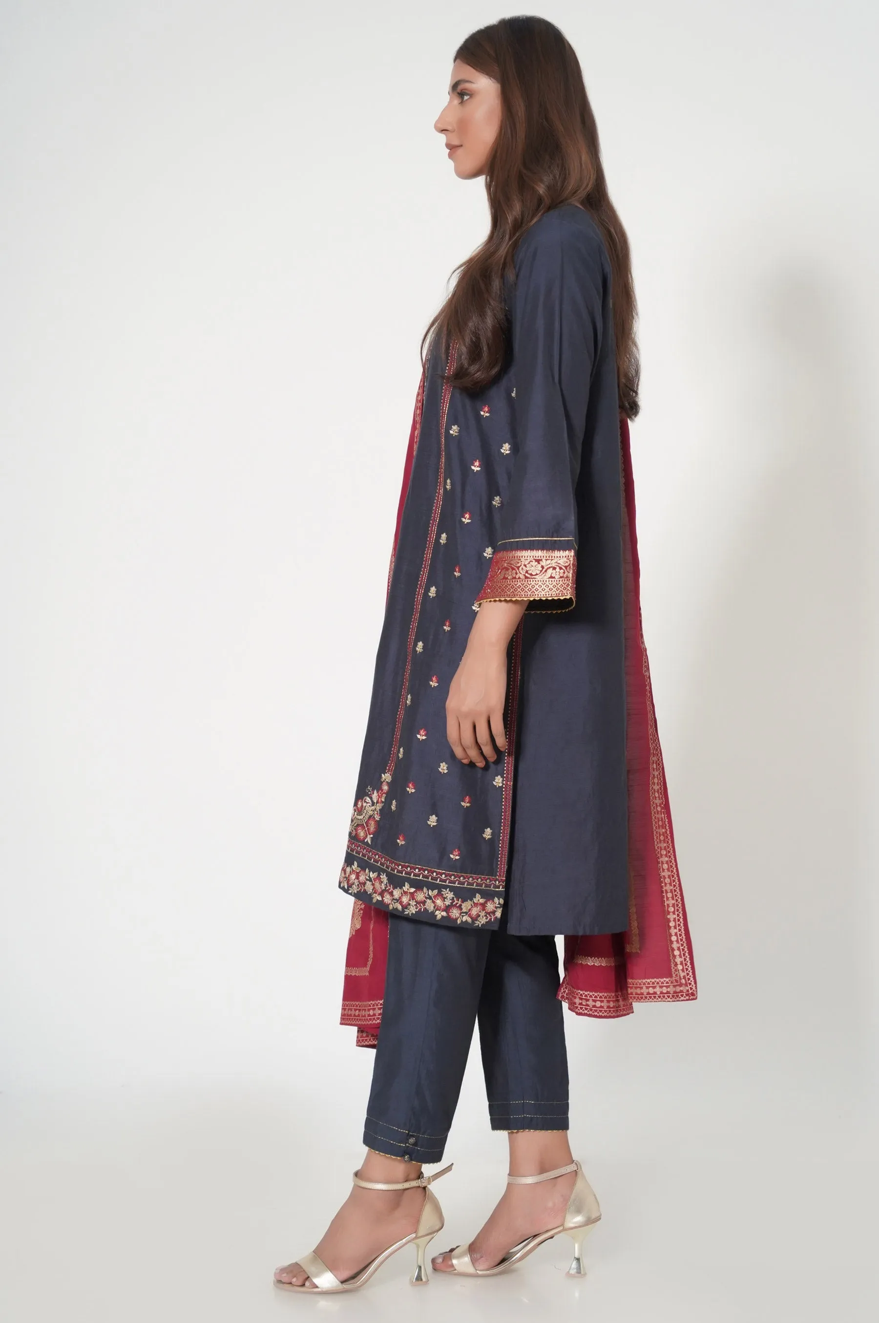 Stitched 3 Piece Cotton Silk Embroidered Outfit