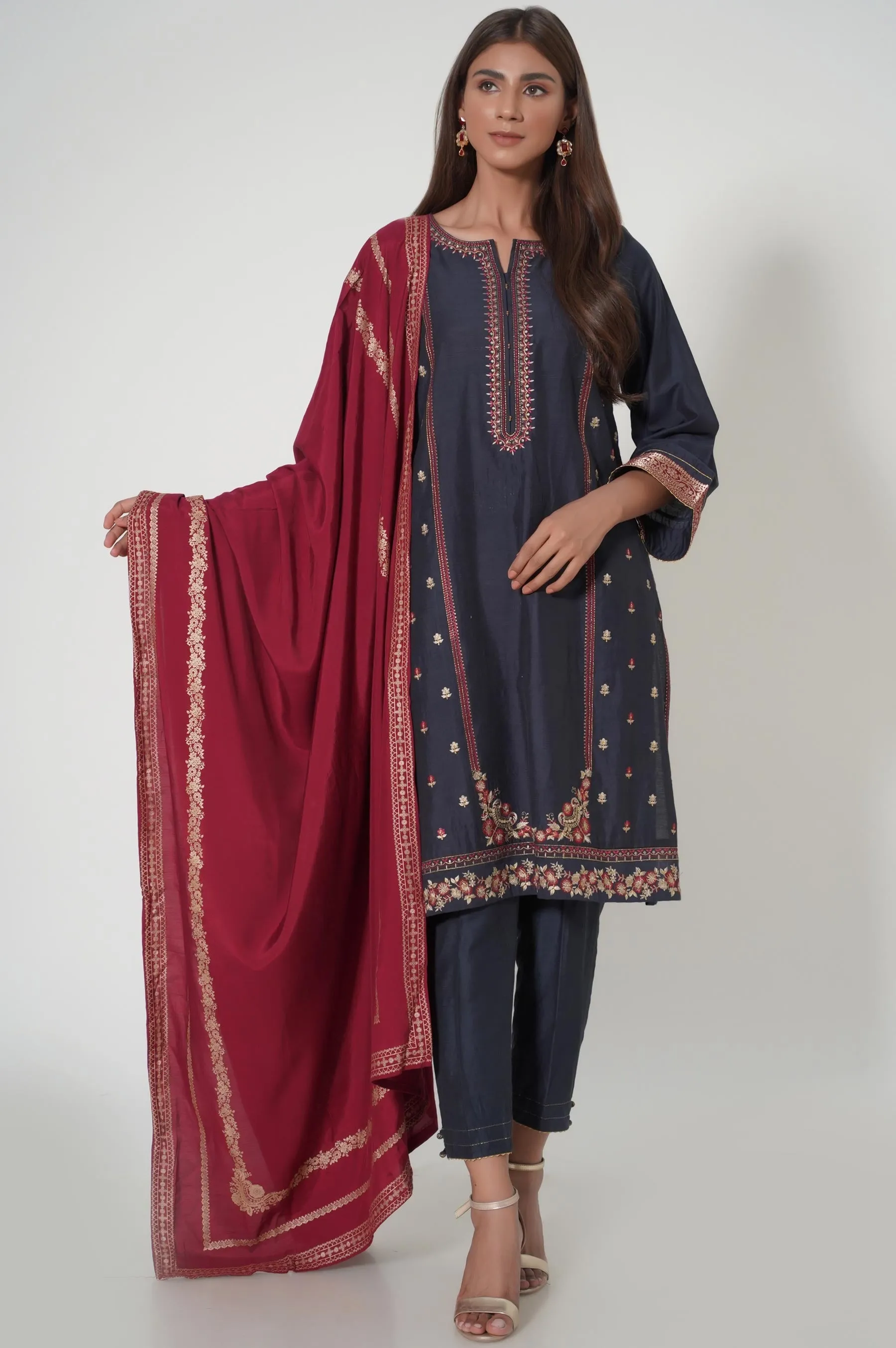 Stitched 3 Piece Cotton Silk Embroidered Outfit