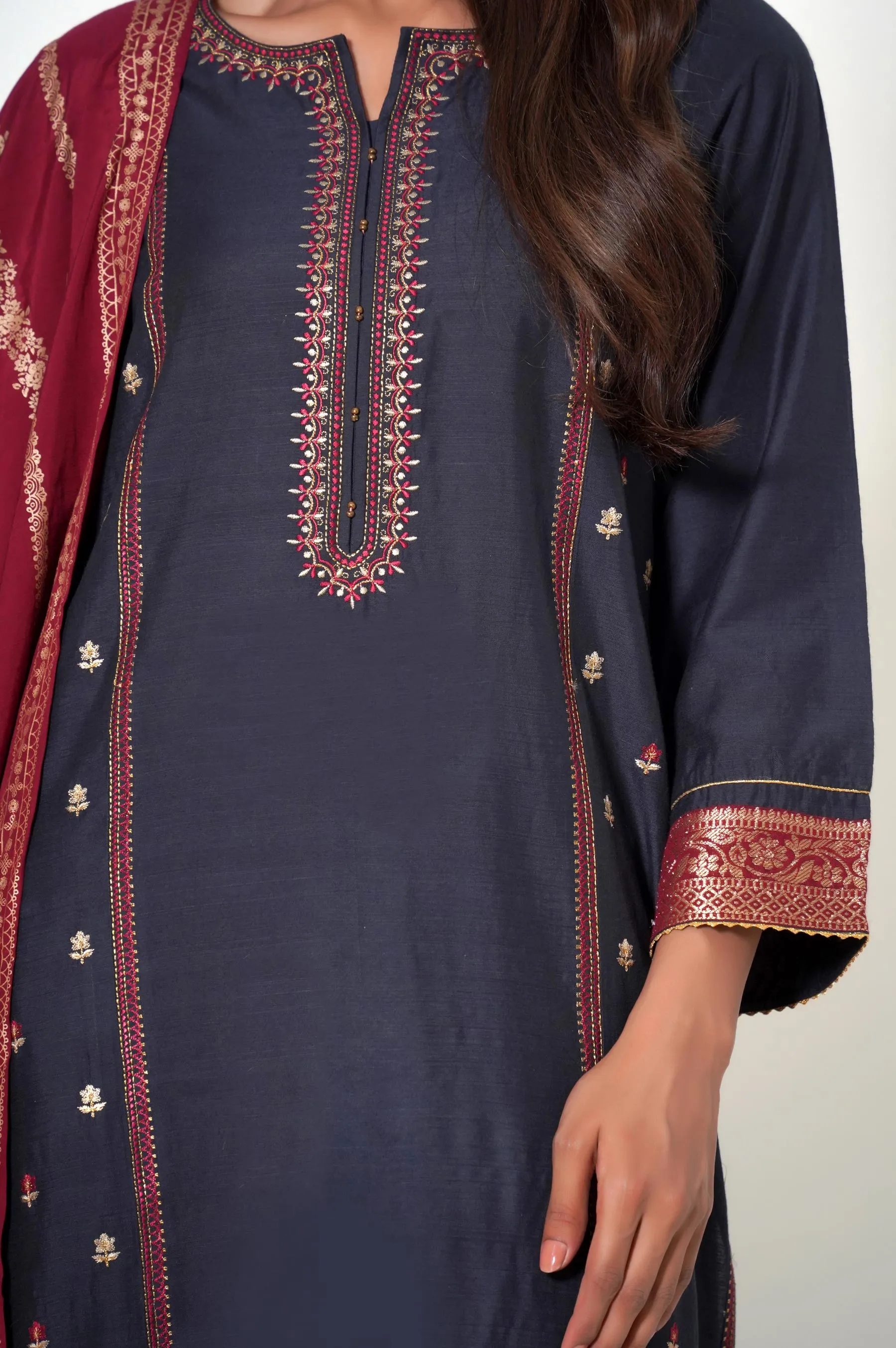 Stitched 3 Piece Cotton Silk Embroidered Outfit