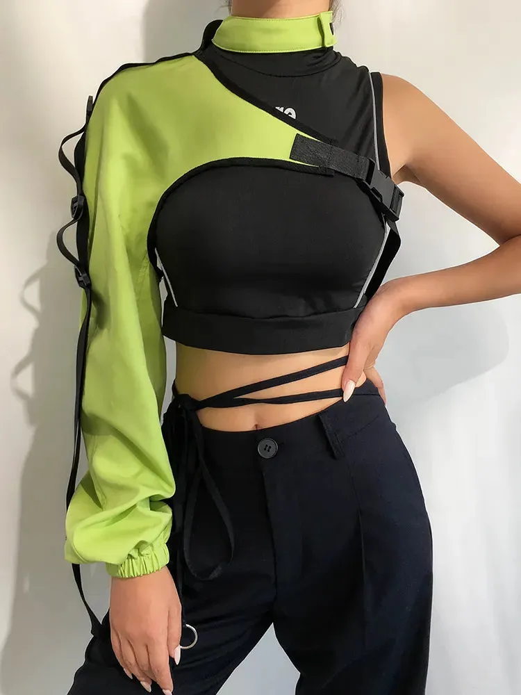 Streetwear Neon Halter Sweatshirt Hoodie Buckle Reflective Smock One Shoulder Women's Sweatshirts Holographic Outwear