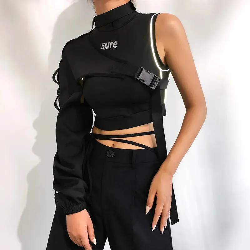 Streetwear Neon Halter Sweatshirt Hoodie Buckle Reflective Smock One Shoulder Women's Sweatshirts Holographic Outwear