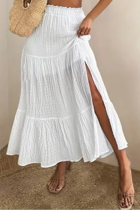 Summer Long Skirt for Women, White, 25% Cotton 75% Polyester, Side Slit, Curvy